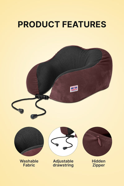 British Tourister Travel Pillow, Memory Foam, Airplane Neck Pillow Coffee Brown