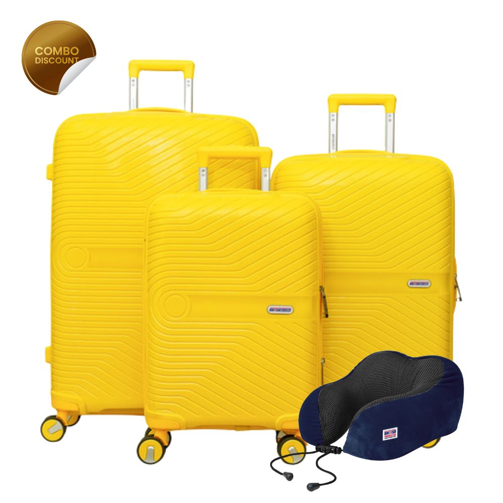 British Tourister 3 PCS Polypropylene Hardside Spinner Luggage Trolley Set 20/24/28 Inch Yellow + Travel Pillow, Memory Foam, Airplane Neck Pillow Dark Blue