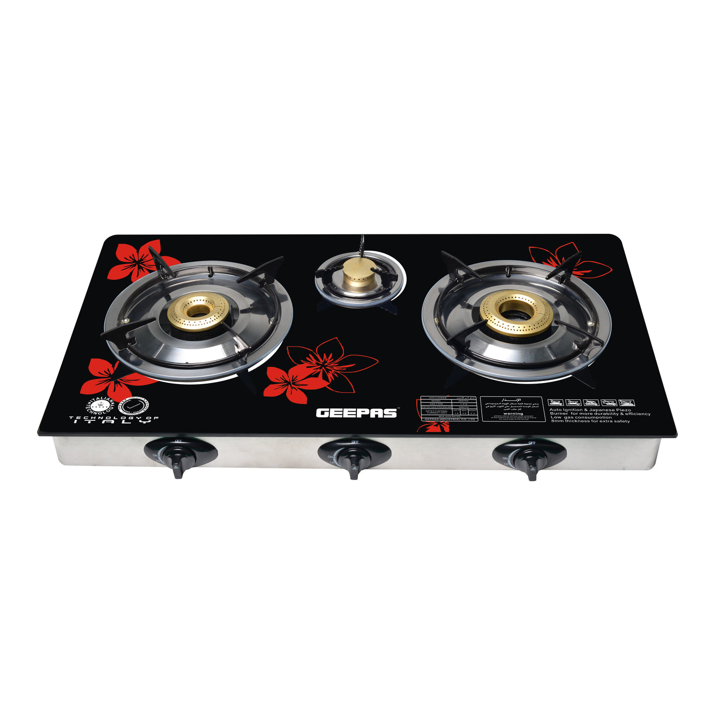 Gas Cooker, 8mm Tempered Glass Top, GK6759 | Triple Burner Gas Stove | Stainless Steel Frame & Tray | Japanese Piezo | Iron Mixing Tube