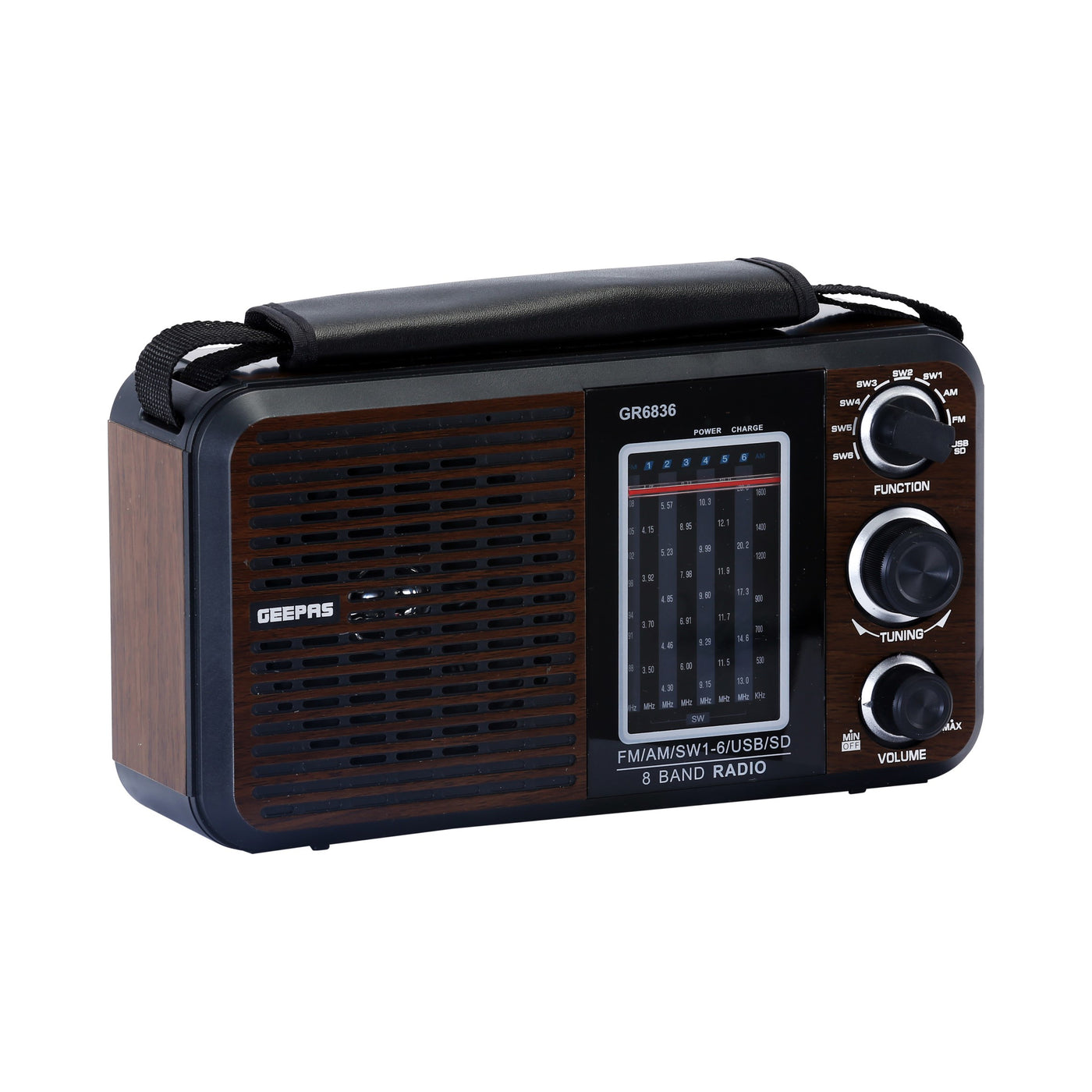 Rechargeable FM Radio, Large Capacity Battery, Perfectly Portable, Lightweight, Retro Style FM Radio, Strong And Stylish, Perfect Sound Quality, Multi Band GR6836BT Brown/Black