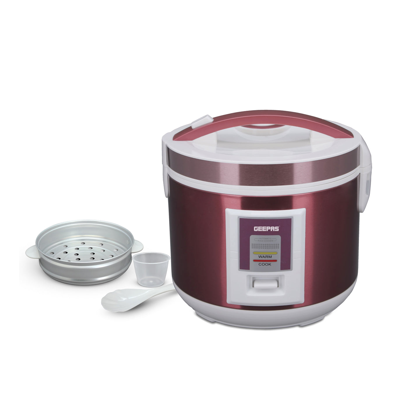 Geepas Stainless Steel Rice Cooker- GRC4328| 1.5 L Capacity with Non-Stick Inner Pot and Stainless Steel Body| Includes Cook, Steam and Warm Functions, Single Switch Design| Rice Spoon and Measuring Cup| Red