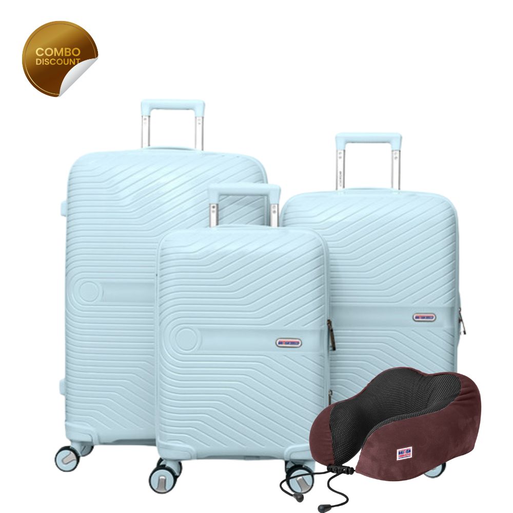 British Tourister 3 PCS Polypropylene Hardside Spinner Luggage Trolley Set 20/24/28 Inch Sky Blue + Travel Pillow, Memory Foam, Airplane Neck Pillow Coffee Brown
