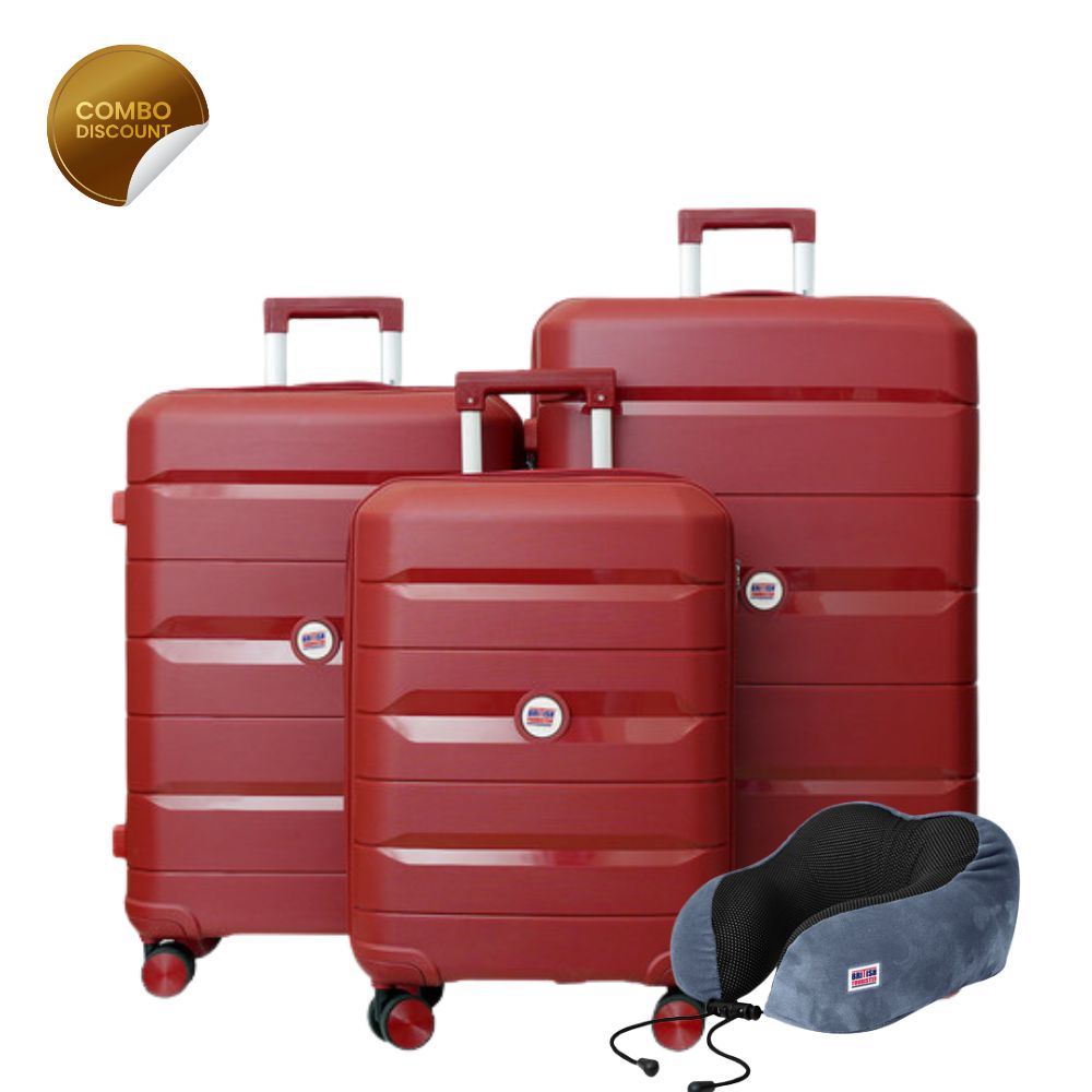 British Tourister 3 PCS Polypropylene Hardside Spinner Luggage Trolley Set 20/24/28 Inch Red Wine + Travel Pillow, Memory Foam, Airplane Neck Pillow Grey