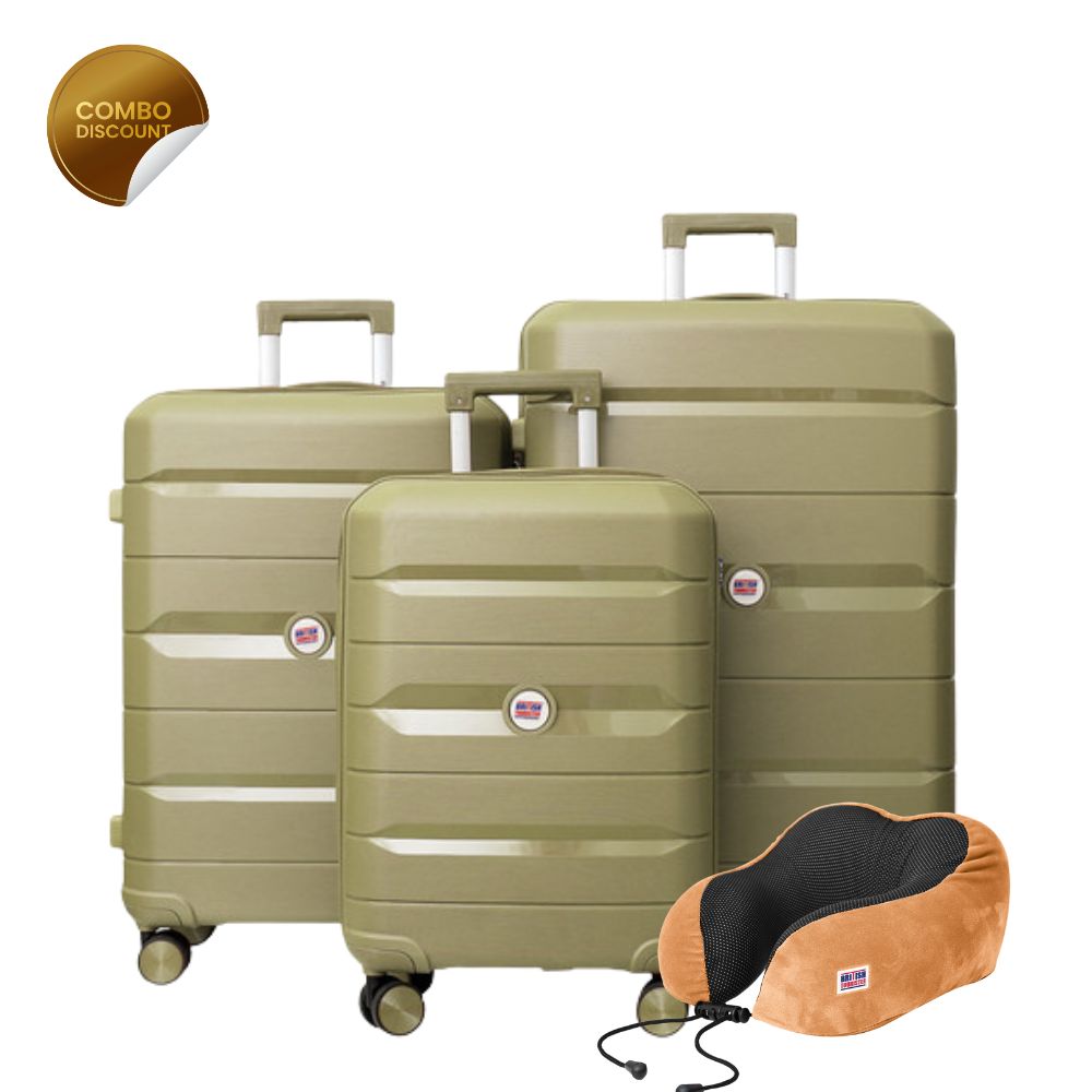 British Tourister 3 PCS Polypropylene Hardside Spinner Luggage Trolley Set 20/24/28 Inch Champagane + Travel Pillow, Memory Foam, Airplane Neck Pillow Gold