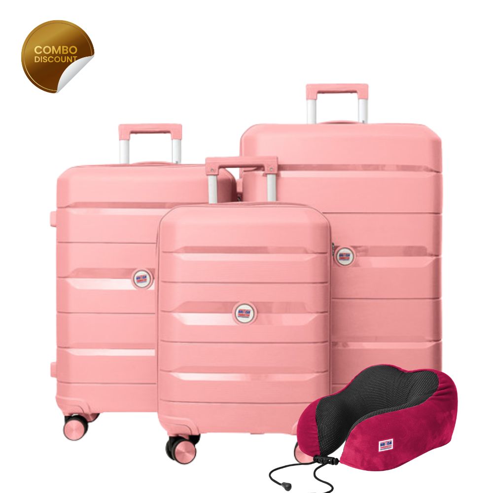 British Tourister 3 PCS Polypropylene Hardside Spinner Luggage Trolley Set 20/24/28 Inch Rose + Travel Pillow, Memory Foam, Airplane Neck Pillow Red Wine