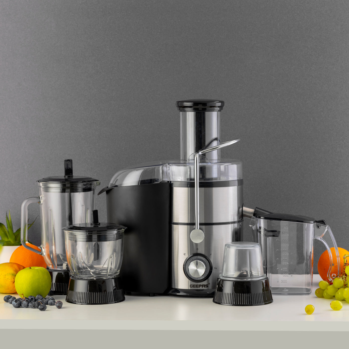 Geepas 4-in-1 Juicer Blender, 75mm Wide Feeding Chute | GSB44049 | 2.2L Pomace Container | 2 Speed with Pulse Function | 1L Glass Blender & Juice Jug | Safety Interlock | 800W Motor