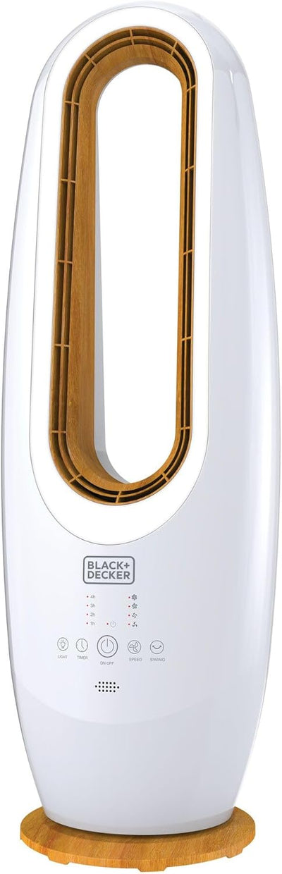 Black & Decker 2 in 1 Bladeless Fan,85cm Height,Cool-white LED Lamp,Remote Control,60° Wide Oscillation, 70W Tropical motor, Low Noise, 40m2 Area Coverage,Wooden Trim-FBL85-B5