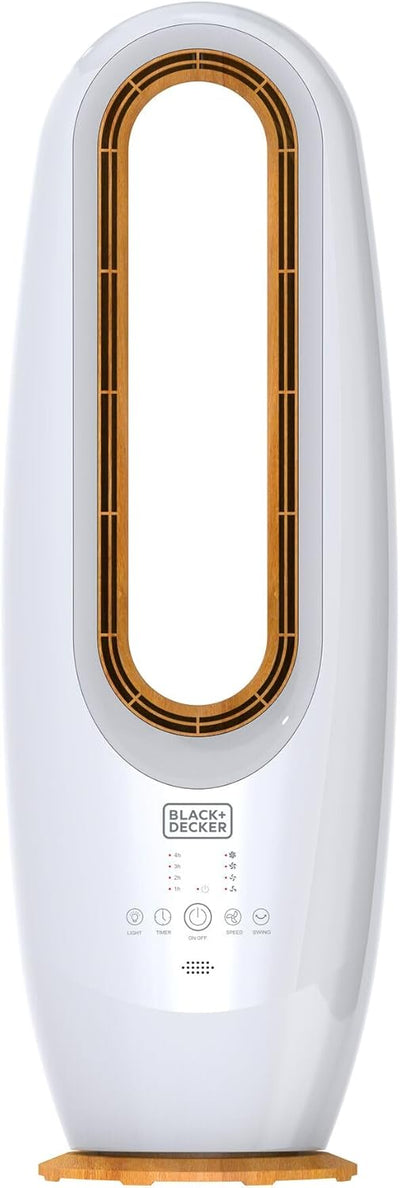 Black & Decker 2 in 1 Bladeless Fan,85cm Height,Cool-white LED Lamp,Remote Control,60° Wide Oscillation, 70W Tropical motor, Low Noise, 40m2 Area Coverage,Wooden Trim-FBL85-B5