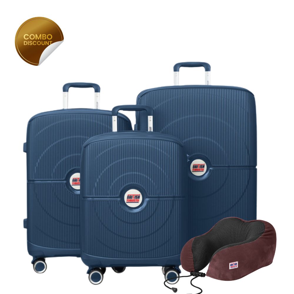 British Tourister 3 PCS Polypropylene Hardside Spinner Luggage Trolley Set 20/24/28 Inch  Blue + Travel Pillow, Memory Foam, Airplane Neck Pillow Coffee Brown