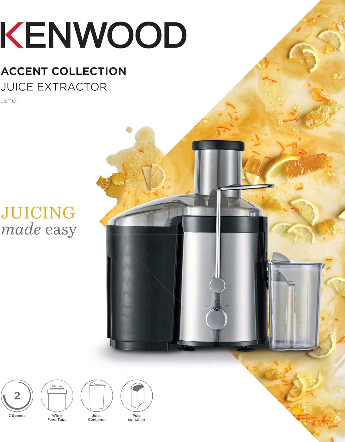 Brown Box - KENWOOD Juicer 300W Stainless Steel Juice Extractor with 65mm Wide Feed Tube,2 Speed, Transparent Juice Jug, Pulp Container, Anti Drip for Home, Office,Restaurant & Cafeteria JEM01.000BK Silver/Black