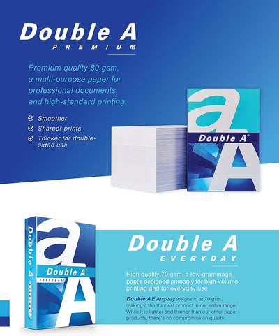 Double A Printer Copy Paper, Size A4, GSM 80, 500 Pages Ream - White (Pack of 10)