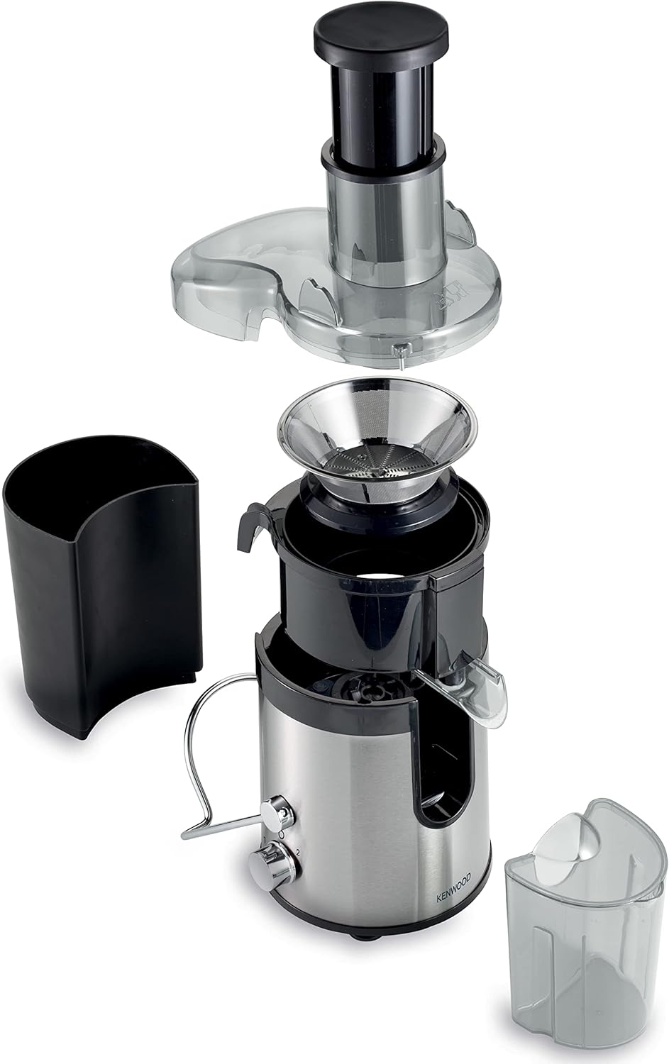 Brown Box - KENWOOD Juicer 300W Stainless Steel Juice Extractor with 65mm Wide Feed Tube,2 Speed, Transparent Juice Jug, Pulp Container, Anti Drip for Home, Office,Restaurant & Cafeteria JEM01.000BK Silver/Black