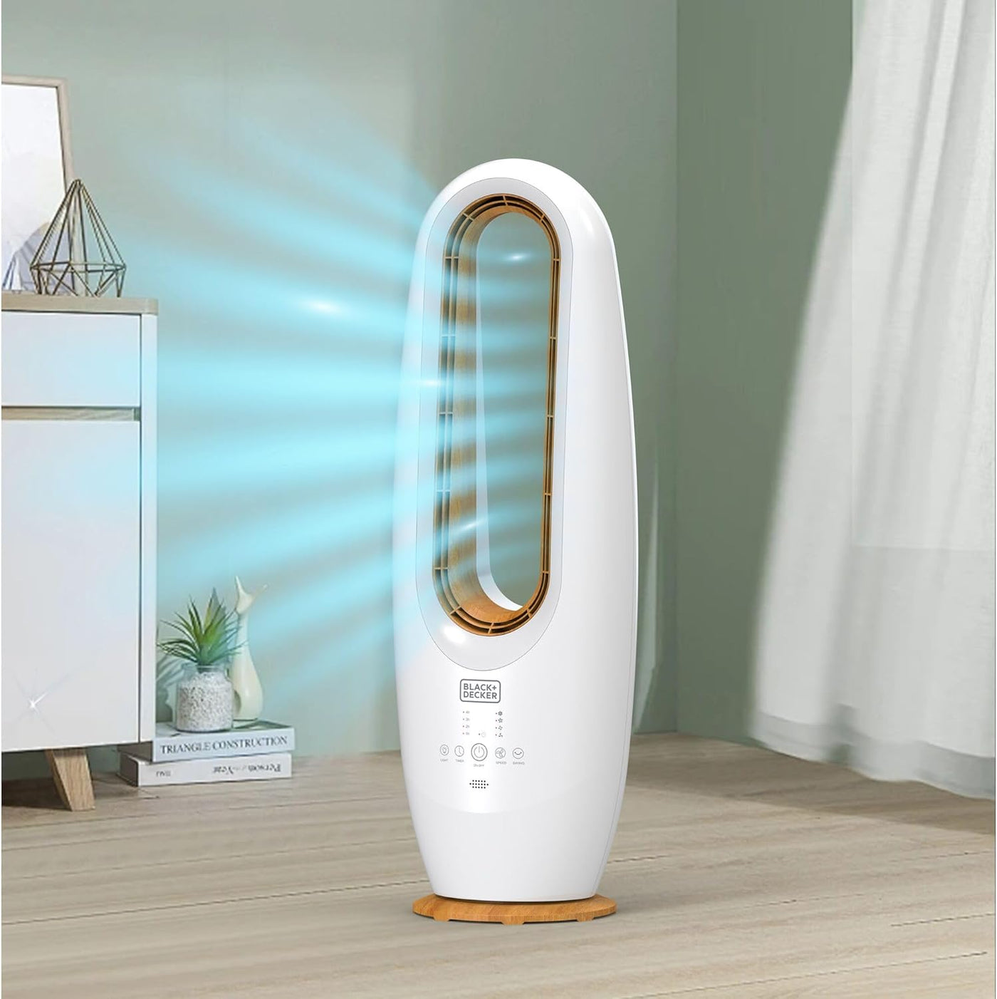 Black & Decker 2 in 1 Bladeless Fan,85cm Height,Cool-white LED Lamp,Remote Control,60° Wide Oscillation, 70W Tropical motor, Low Noise, 40m2 Area Coverage,Wooden Trim-FBL85-B5