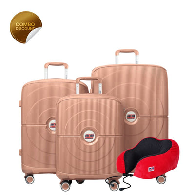 British Tourister 3 PCS Polypropylene Hardside Spinner Luggage Trolley Set 20/24/28 Inch Brown + Travel Pillow, Memory Foam, Airplane Neck Pillow Red