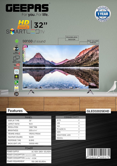 32" Smart LED TV, TV with Remote Control, GLED3202SEHD | HDMI & USB Ports, Head Phone Jack, PC Audio In | Wi-Fi, Android 9.0 with E-Share | YouTube, Netflix, Amazon Prime