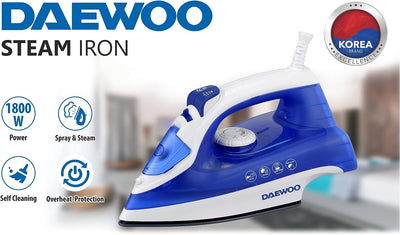 1800W Steam Iron with Non-Stick Soleplate, Self Clean, Spray & Steam Function Korean Technology Light Blue