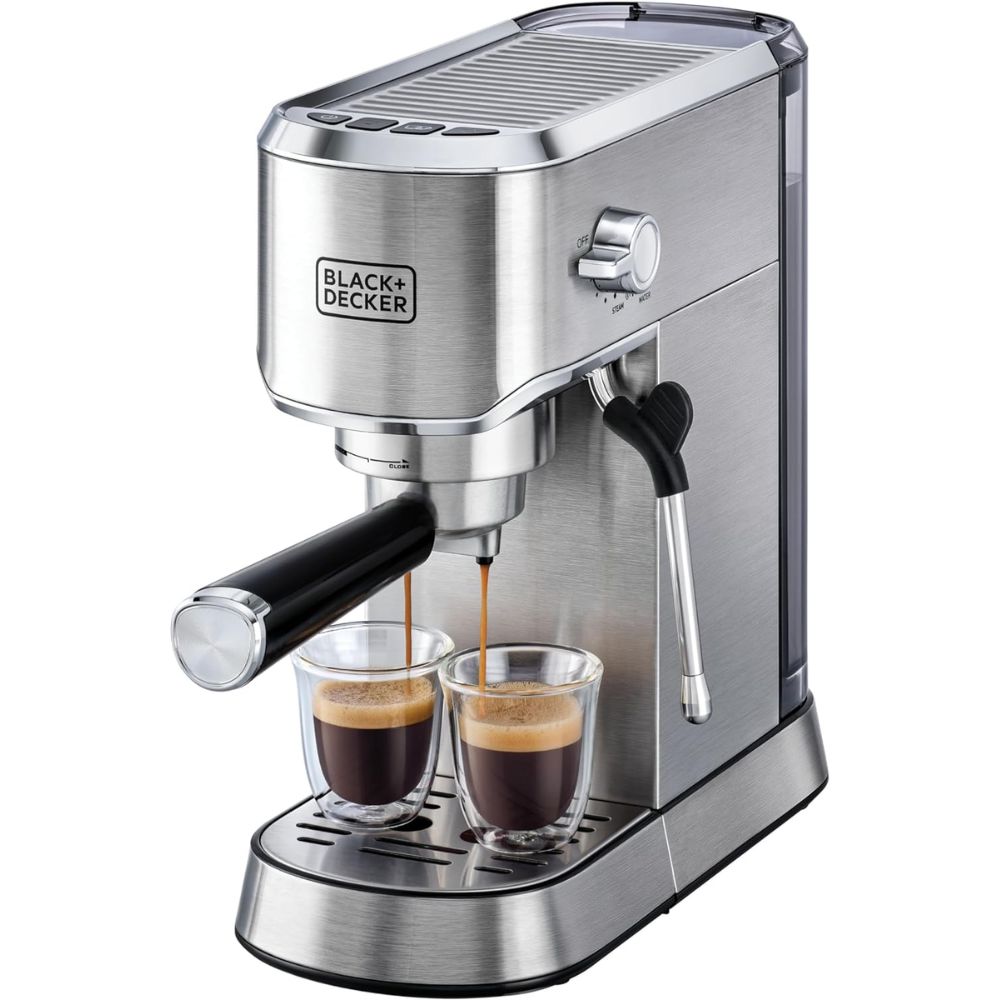 Brown Box BLACK+DECKER Manual Barista Pump Espresso Coffee Machine, Cappuccino, Latte Macchiato, Milk Frother, 1450W, Silver - ECM150-B5, by BLACK+DECKER