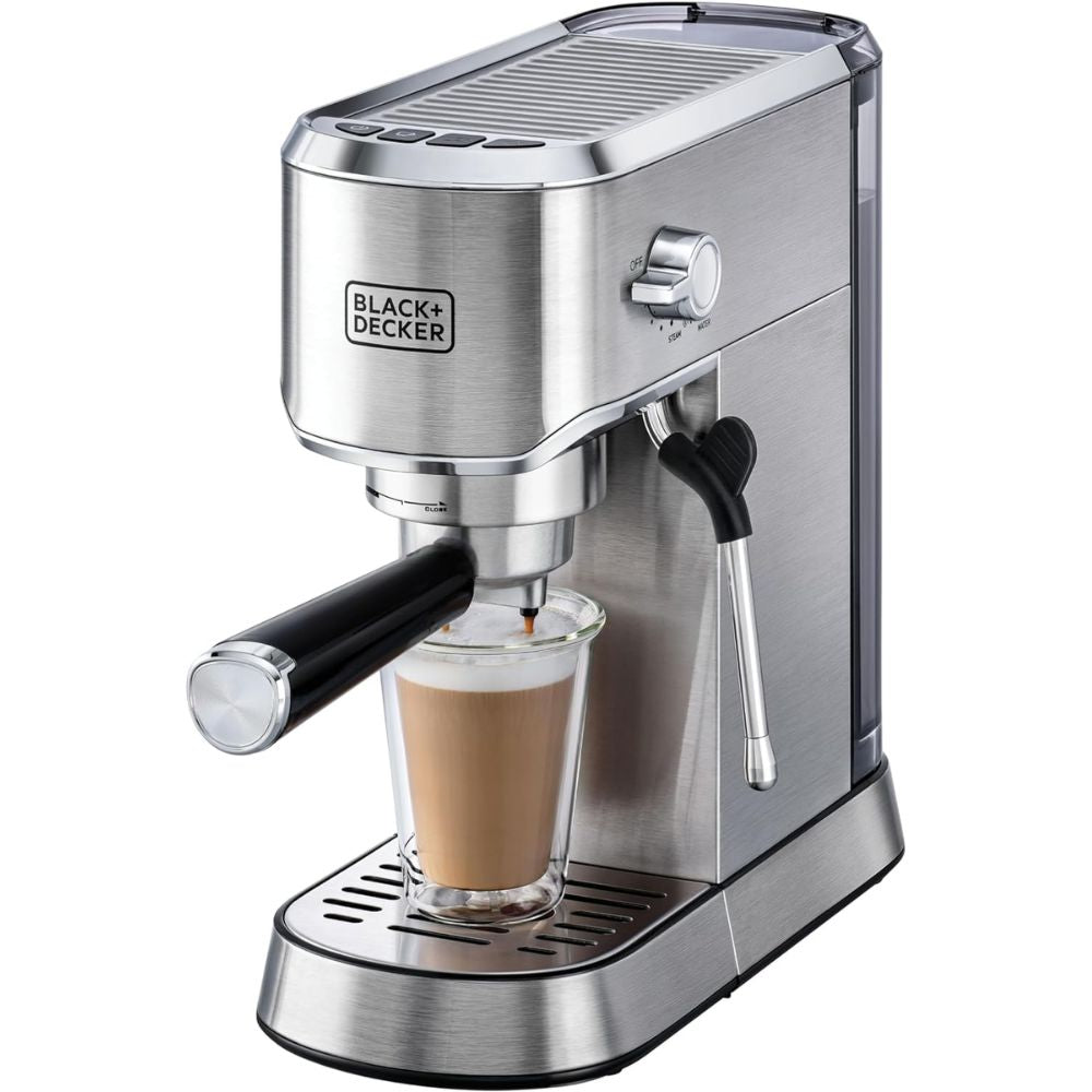 BLACK+DECKER Manual Barista Pump Espresso Coffee Machine, Cappuccino, Latte Macchiato, Milk Frother, 1450W, Silver - ECM150-B5, by BLACK+DECKER