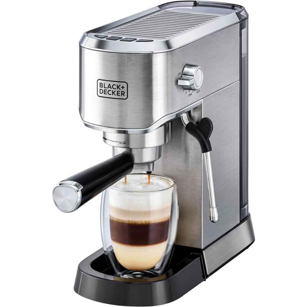 Brown Box BLACK+DECKER Manual Barista Pump Espresso Coffee Machine, Cappuccino, Latte Macchiato, Milk Frother, 1450W, Silver - ECM150-B5, by BLACK+DECKER