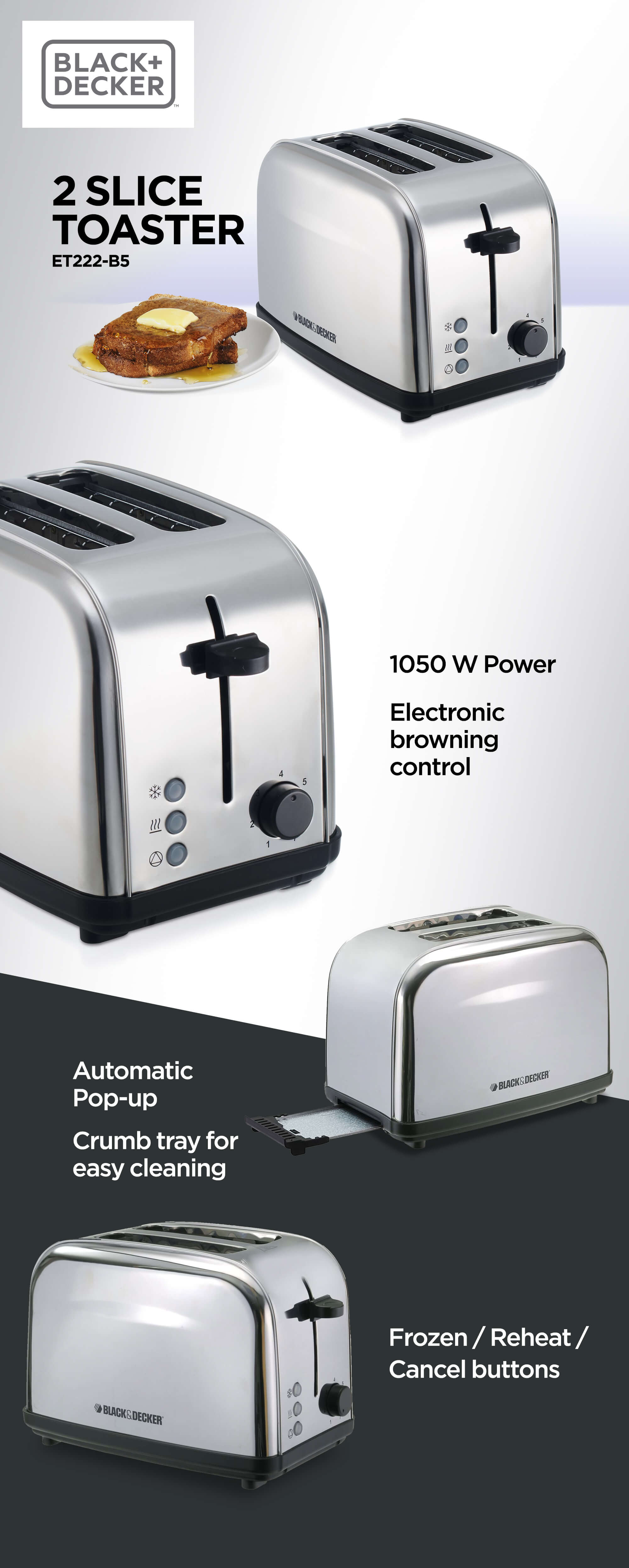 Buy Black+Decker 2 Slice Cool Touch Bread Toaster Et125-B5 White/Grey  Online - Shop Electronics & Appliances on Carrefour UAE