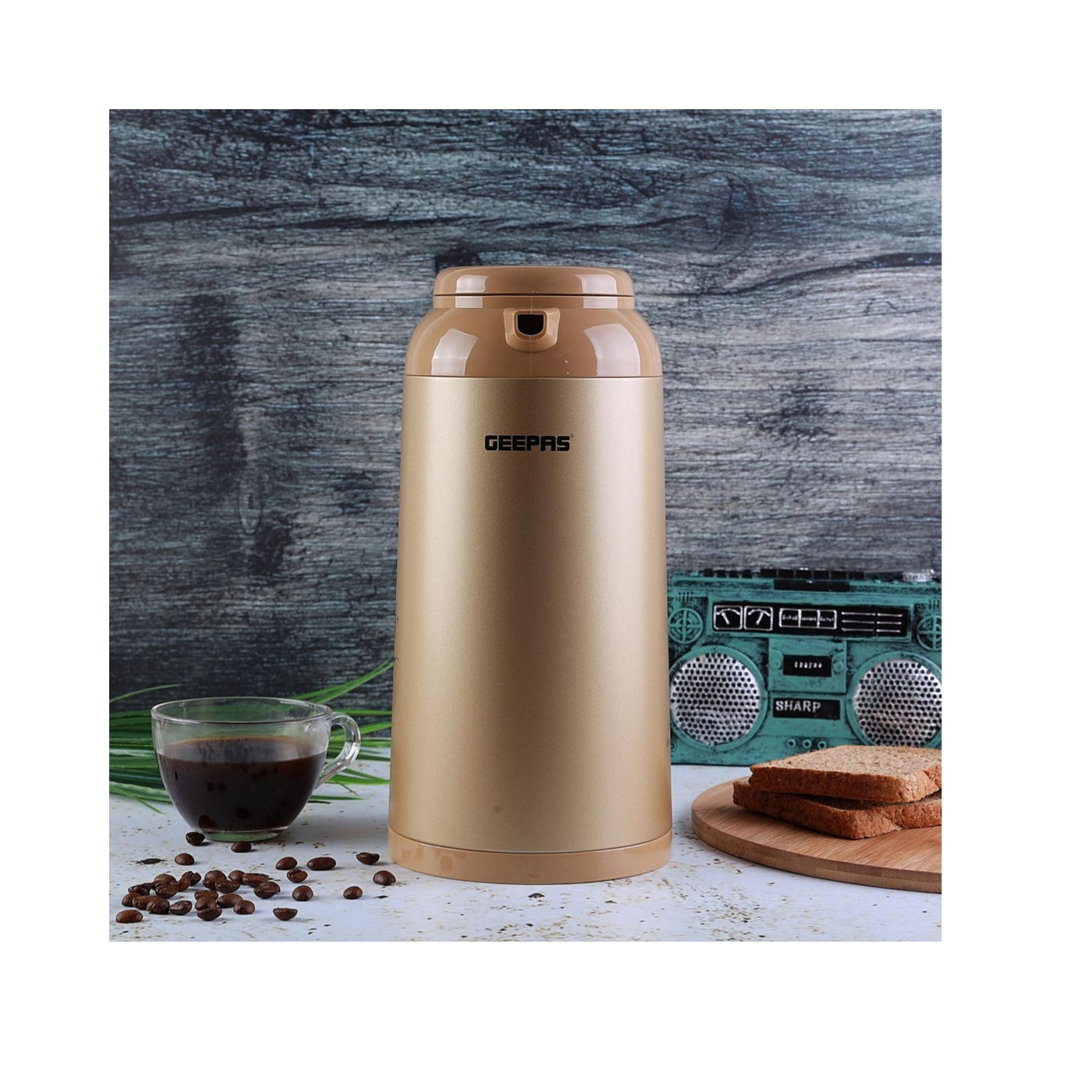 Geepas 1.3 L Vacuum Flask- GVF27012| Double-Walled Flask With Glass Inner, With Press And Pour Stopper| Keeps Your Drinks Hot Or Cold For Up To 24 Hours| Leak-Proof And Portable Design, Suitable For Indoor And Outdoor Use| Brown