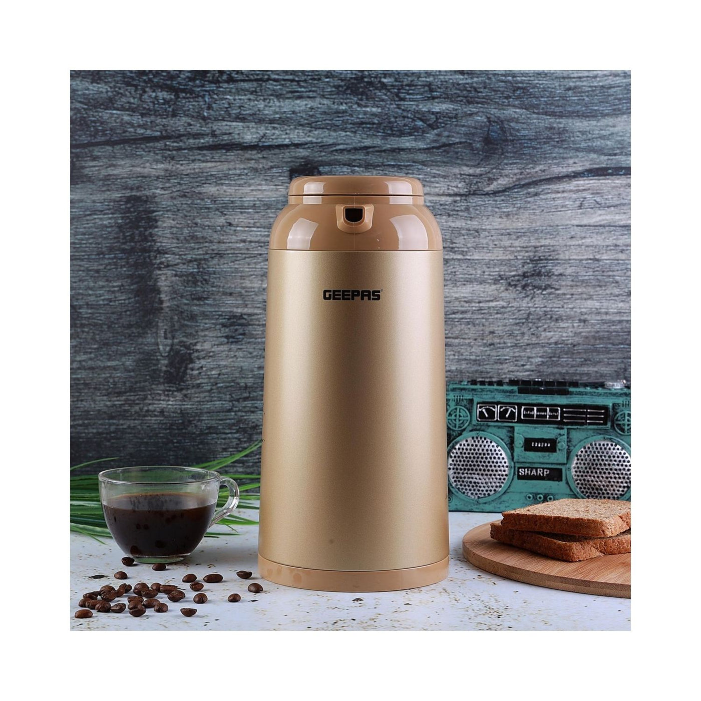 Geepas 1.6 L Vacuum Flask- GVF27013| Double-Walled Flask With Glass Inner, With Press And Pour Stopper| Keeps Your Drinks Hot Or Cold For Up To 24 Hours| Leak-Proof And Portable Design, Suitable For Indoor And Outdoor Use| Brown