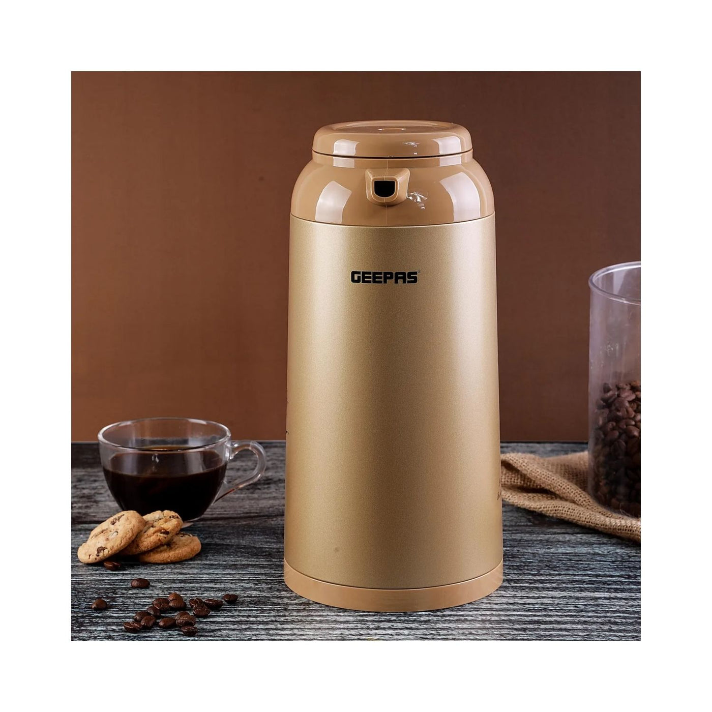 Geepas 1.6 L Vacuum Flask- GVF27013| Double-Walled Flask With Glass Inner, With Press And Pour Stopper| Keeps Your Drinks Hot Or Cold For Up To 24 Hours| Leak-Proof And Portable Design, Suitable For Indoor And Outdoor Use| Brown