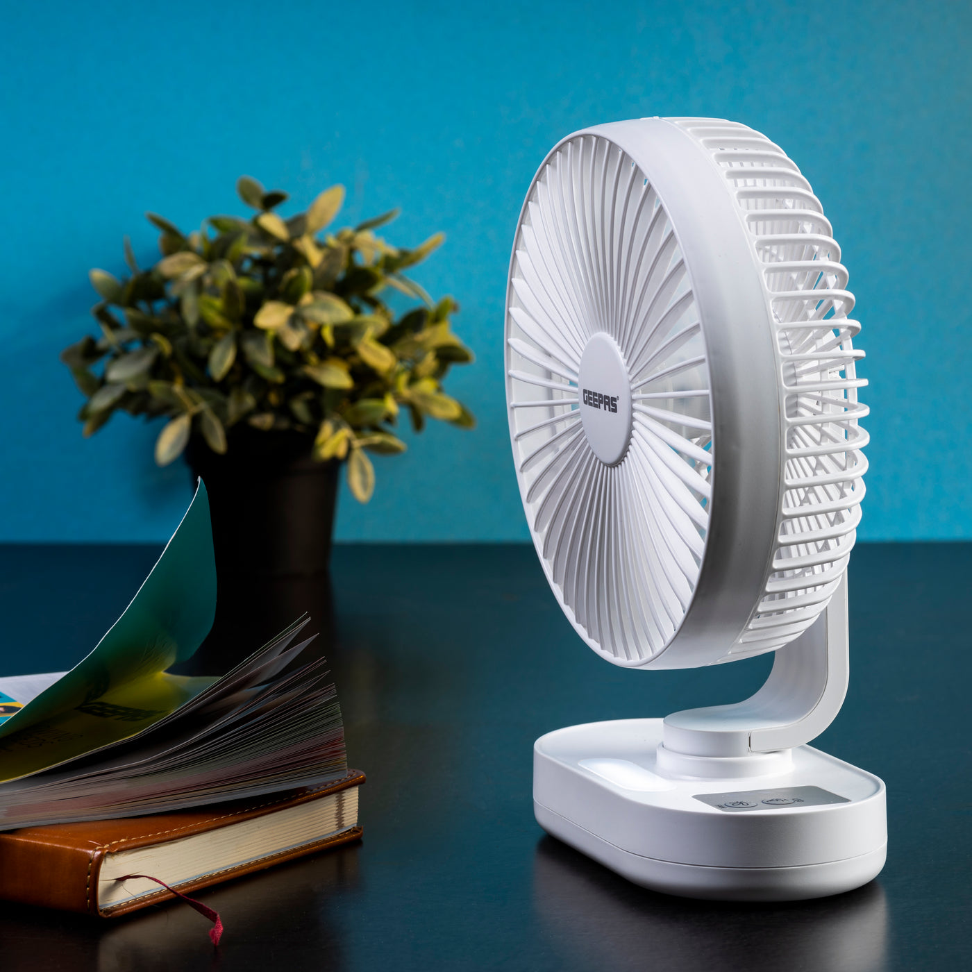 Geepas 8-inch Rechargeable Fan with Night Light | GF21157 | 3 Speed Settings | Rechargeable Lithium Battery with 9hrs Working | 3 Blade Fan with Adjustable Head