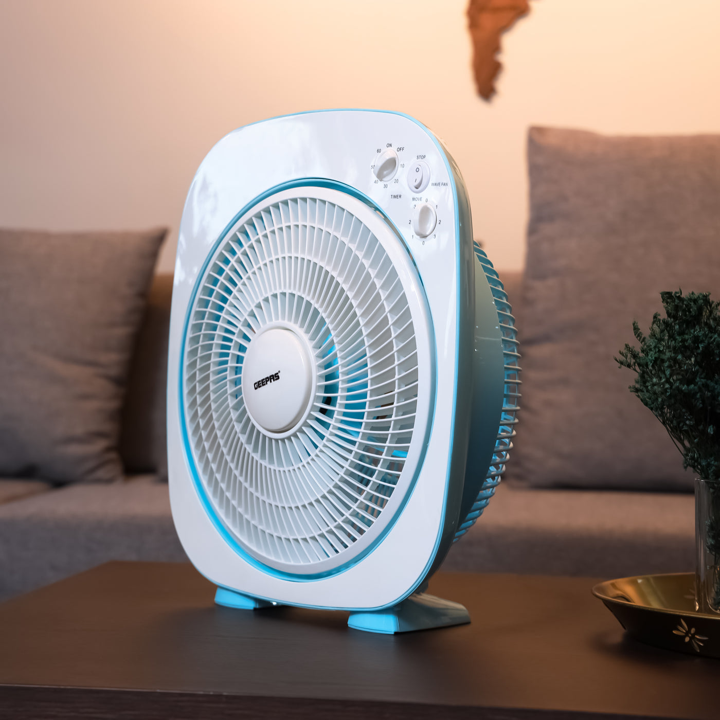 Geepas 12" Box Fan- GF926| High Performance Fan with 3-Speed Controls and 5 Leaf Blades| Adjustable Pitch Angle and Efficient Cooling| High Performance 45W Motor for High Speed Wind| 2 Years Warranty| Blue