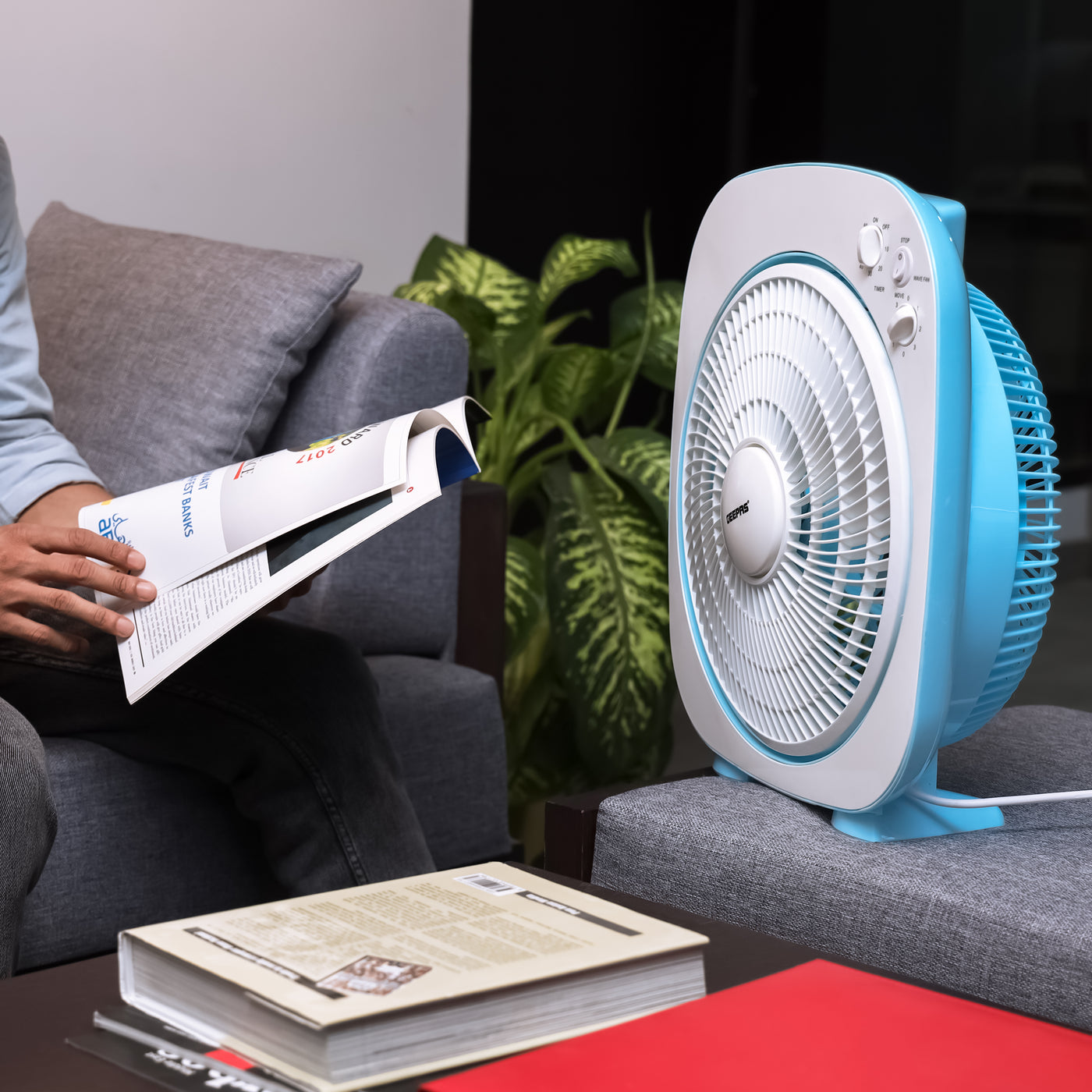 Geepas 12" Box Fan- GF926| High Performance Fan with 3-Speed Controls and 5 Leaf Blades| Adjustable Pitch Angle and Efficient Cooling| High Performance 45W Motor for High Speed Wind| 2 Years Warranty| Blue