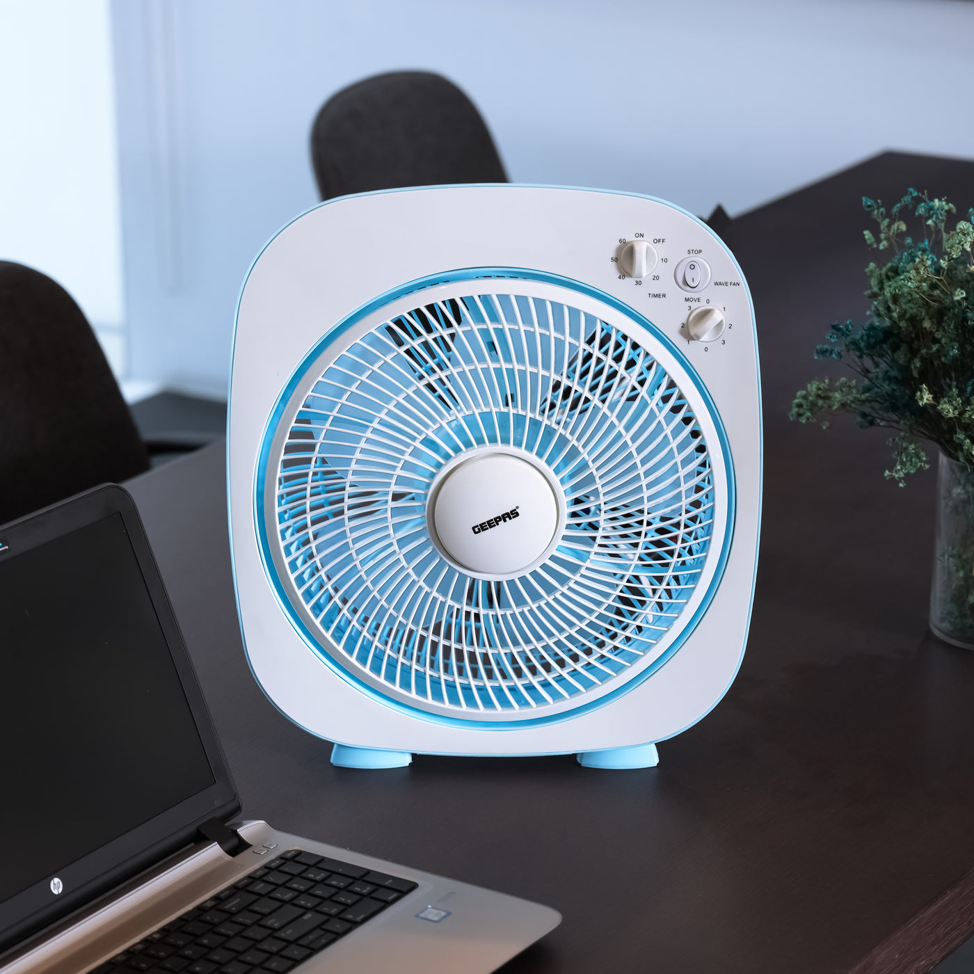 Geepas 12" Box Fan- GF926| High Performance Fan with 3-Speed Controls and 5 Leaf Blades| Adjustable Pitch Angle and Efficient Cooling| High Performance 45W Motor for High Speed Wind| 2 Years Warranty| Blue