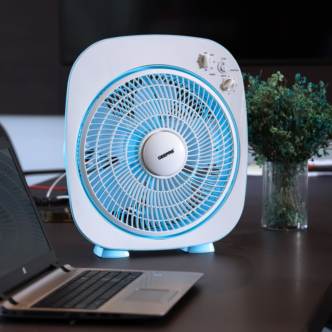 Geepas 12" Box Fan- GF926| High Performance Fan with 3-Speed Controls and 5 Leaf Blades| Adjustable Pitch Angle and Efficient Cooling| High Performance 45W Motor for High Speed Wind| 2 Years Warranty| Blue