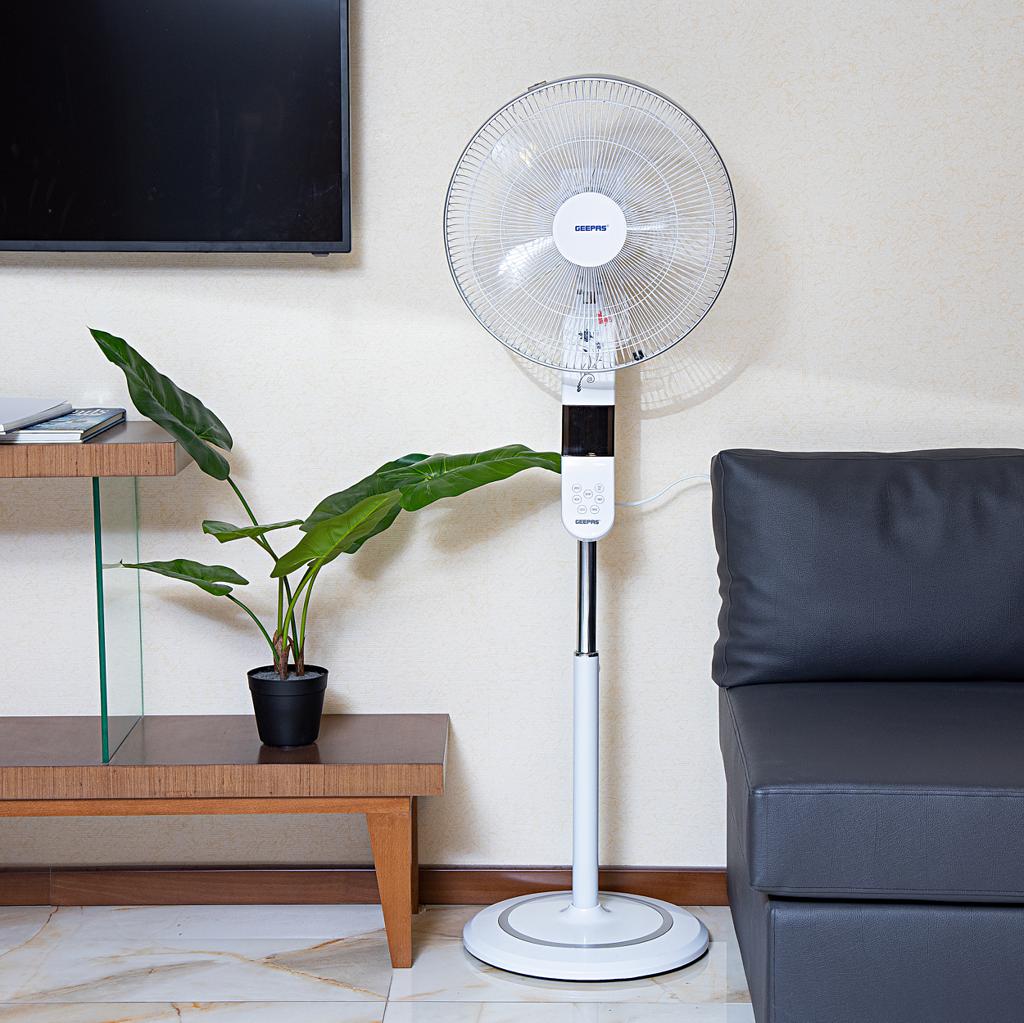 Geepas GF9466 16" Stand Fan With Remote Control 50W - 3 Speed, 5 Leaf Blade, Adjustable Height & Tilt Setting With Led Display | Auto Off | 2 Years Warranty