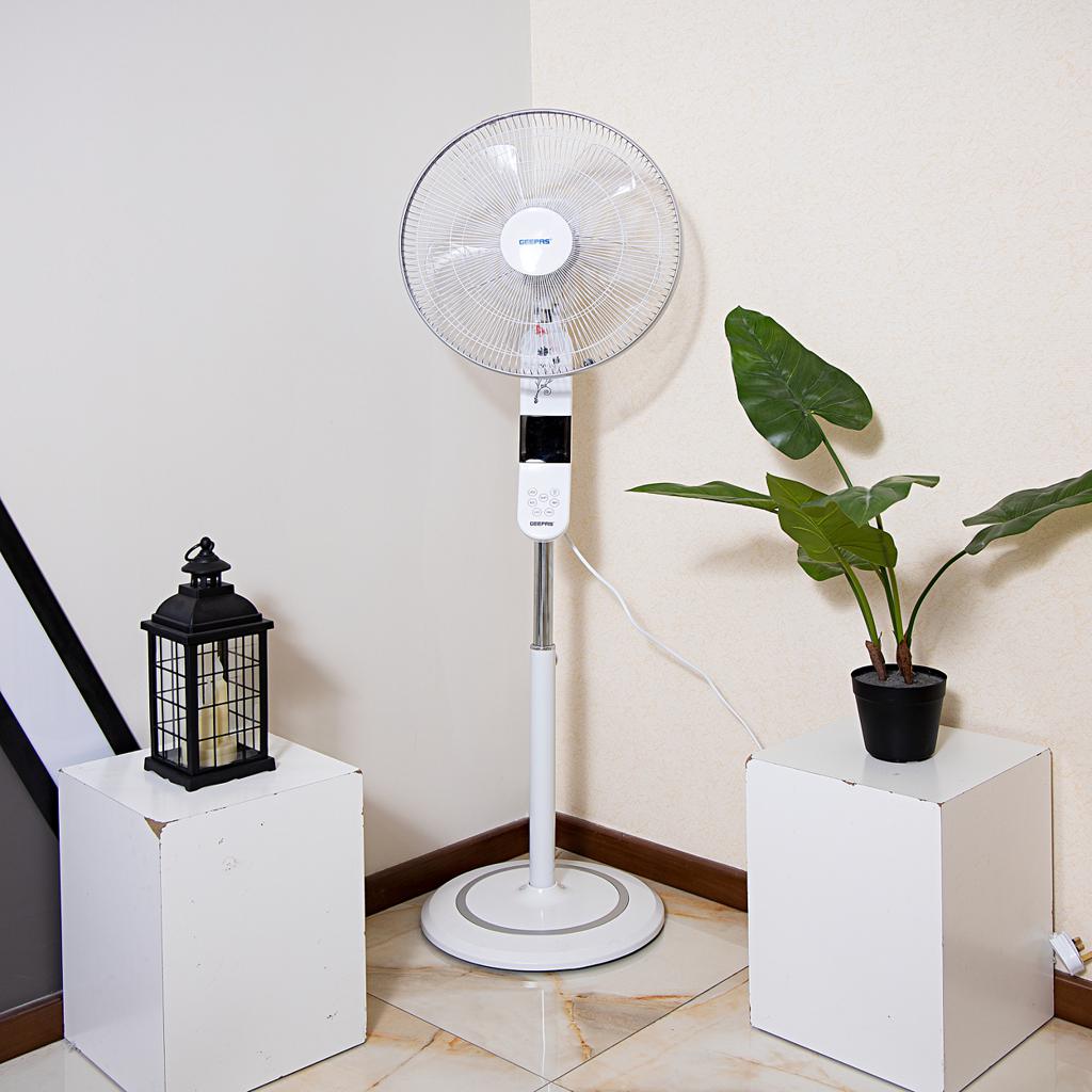 Geepas GF9466 16" Stand Fan With Remote Control 50W - 3 Speed, 5 Leaf Blade, Adjustable Height & Tilt Setting With Led Display | Auto Off | 2 Years Warranty