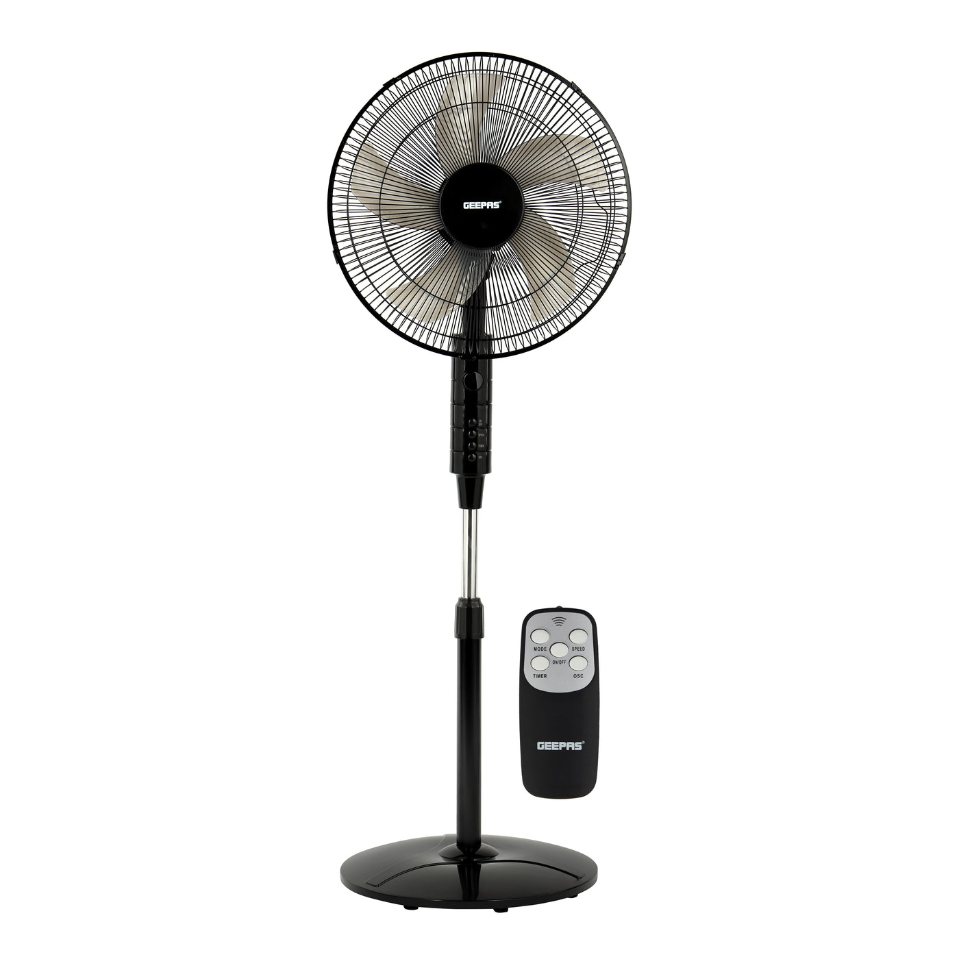 Geepas 16" Remote Control Stand Fan- GF9489| High Performance Fan with 3-Speed Controls, 5 Leaf Blades and Remote Control| Adjustable Tilt Angle, Height and Efficient Cooling| High Performance 60W Motor for High Speed Wind| 2 Years Warranty| Black