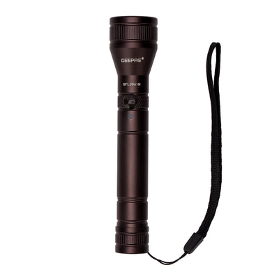 Geepas Rechargeable LED Flashlight- GFL3861N| Light Source: CREE LED, High Grade Aluminum Alloy Housing| Perfect for Indoor and Outdoor Use, 200,000 Hours Guaranteed Life for Bulb, 2 Hours Working Time