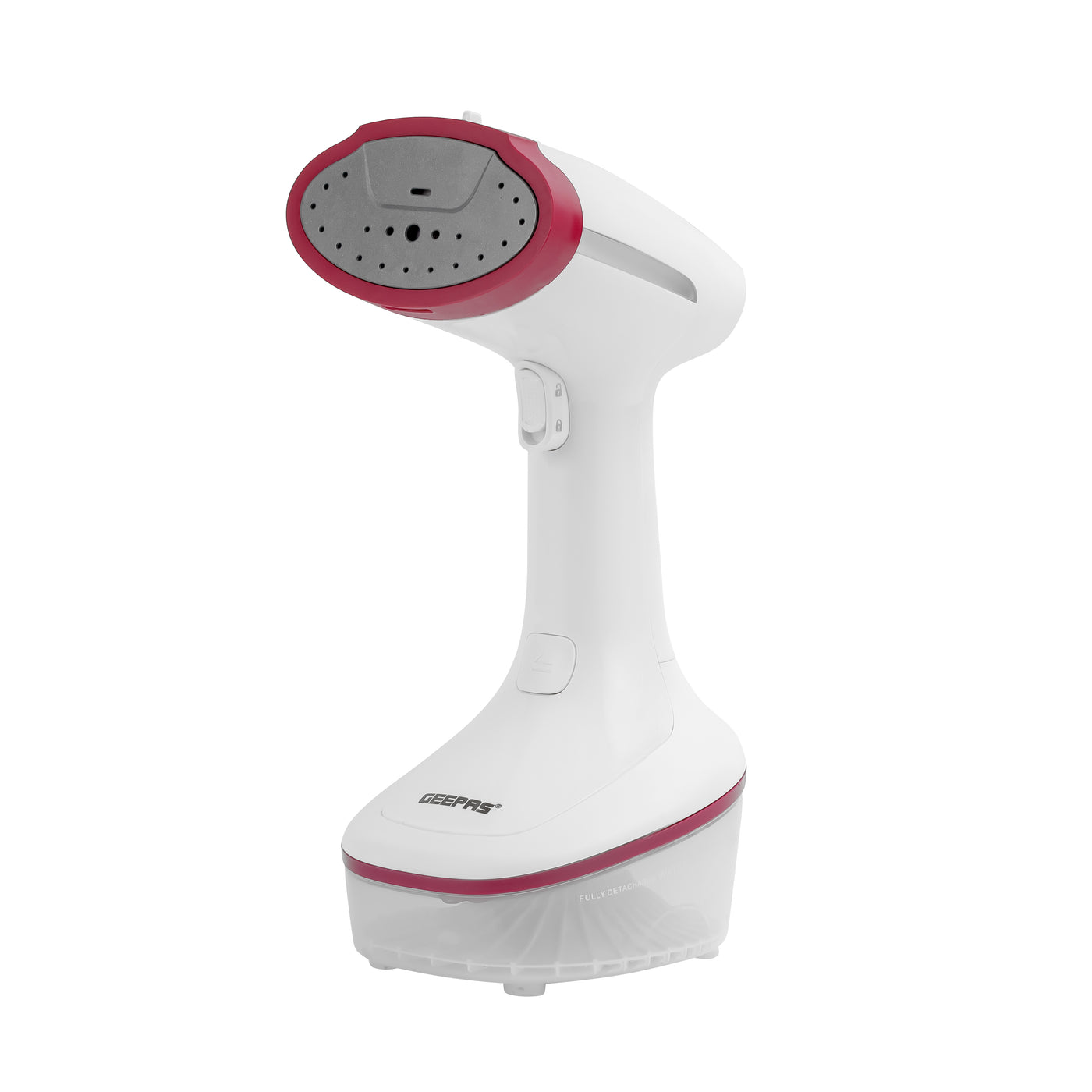 Geepas Handheld Garment Steamer- GGS25021| 1370-1630 W, Fast Heating with Auto Shut-Off| Suitable for All Kinds of Fabric and Safe for Delicate Fabrics| Equipped with Ceramic Head and Detachable Water Tank| White and Maroon, 2 Years Warranty