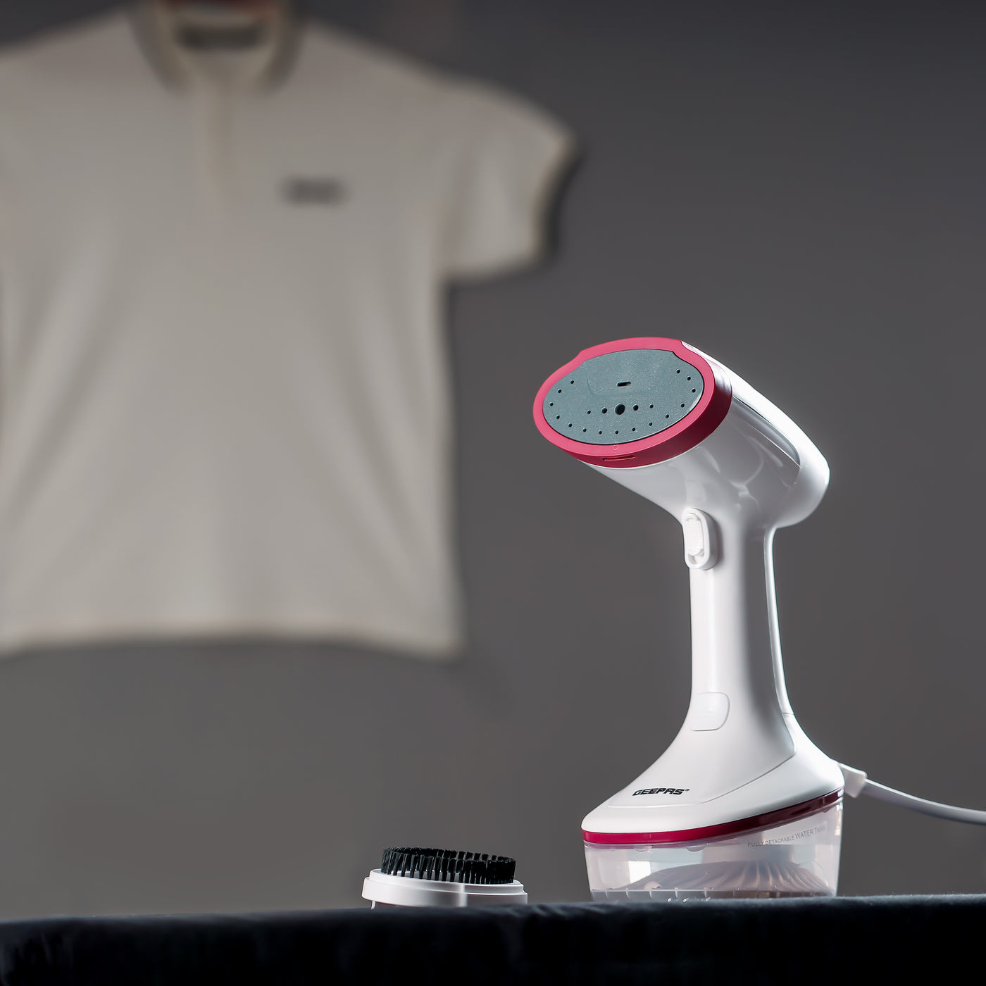 Geepas Handheld Garment Steamer- GGS25021| 1370-1630 W, Fast Heating with Auto Shut-Off| Suitable for All Kinds of Fabric and Safe for Delicate Fabrics| Equipped with Ceramic Head and Detachable Water Tank| White and Maroon, 2 Years Warranty