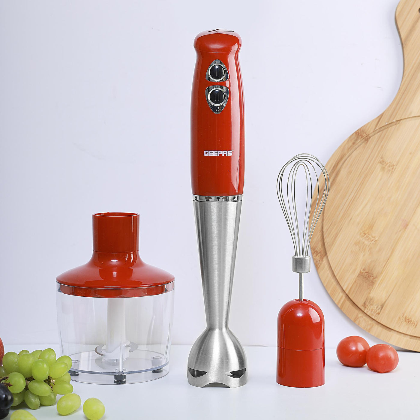 Geepas GHB6136 400W Hand Blender - Stainless Steel Blades with 2 Speed for Baby Food, Soup, Juice | 860ml Chopper Bowl & Electric Egg Whisk - 2 Years Warranty