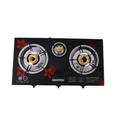 Gas Cooker, 8mm Tempered Glass Top, GK6759 | Triple Burner Gas Stove | Stainless Steel Frame & Tray | Japanese Piezo | Iron Mixing Tube