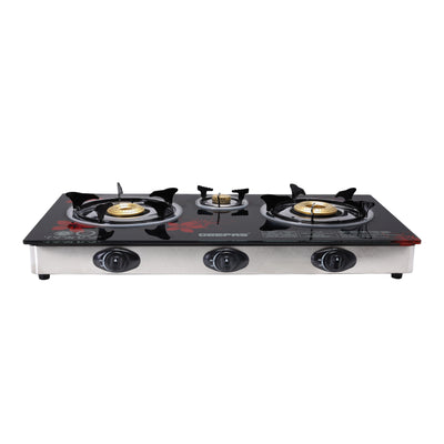 Gas Cooker, 8mm Tempered Glass Top, GK6759 | Triple Burner Gas Stove | Stainless Steel Frame & Tray | Japanese Piezo | Iron Mixing Tube