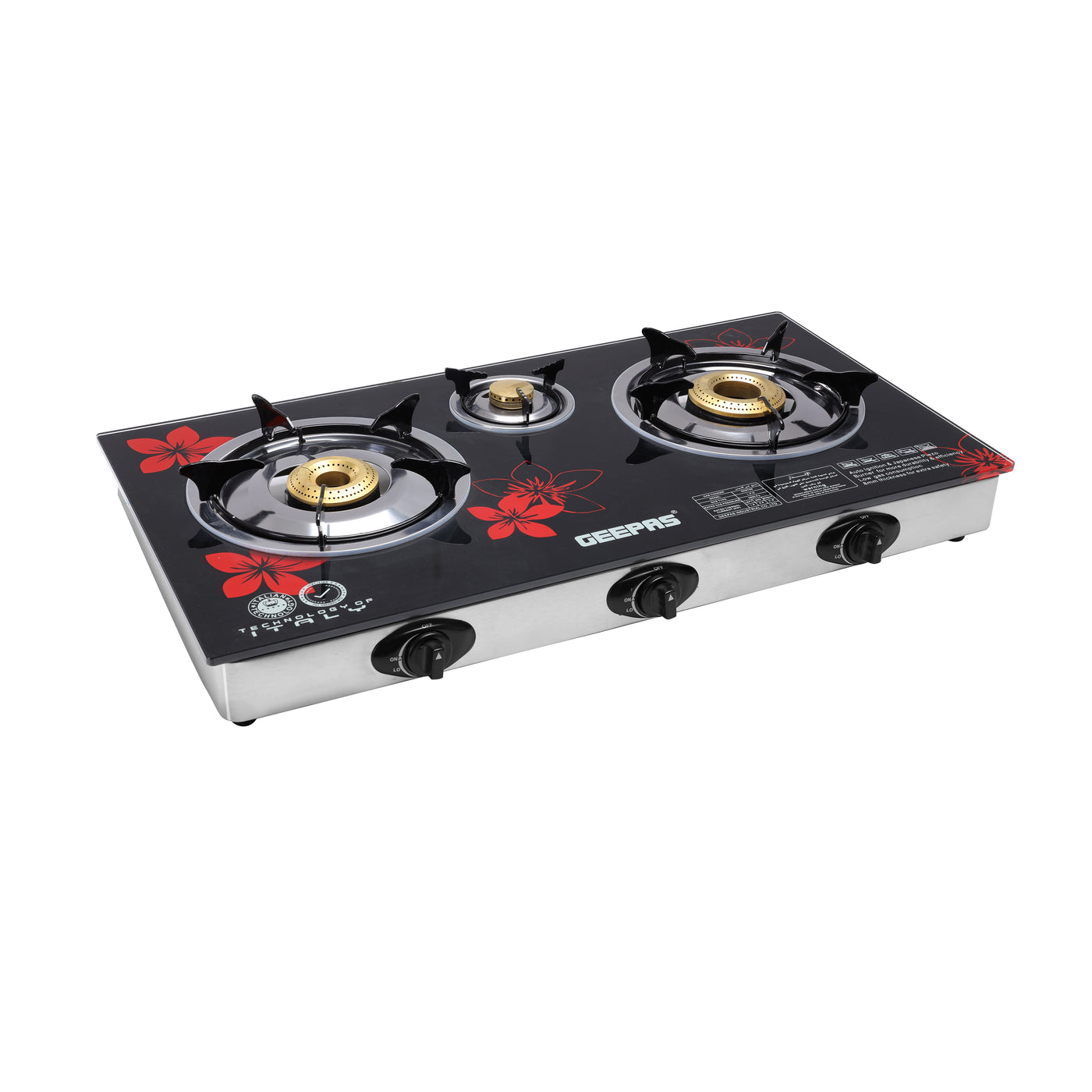 Gas Cooker, 8mm Tempered Glass Top, GK6759 | Triple Burner Gas Stove | Stainless Steel Frame & Tray | Japanese Piezo | Iron Mixing Tube