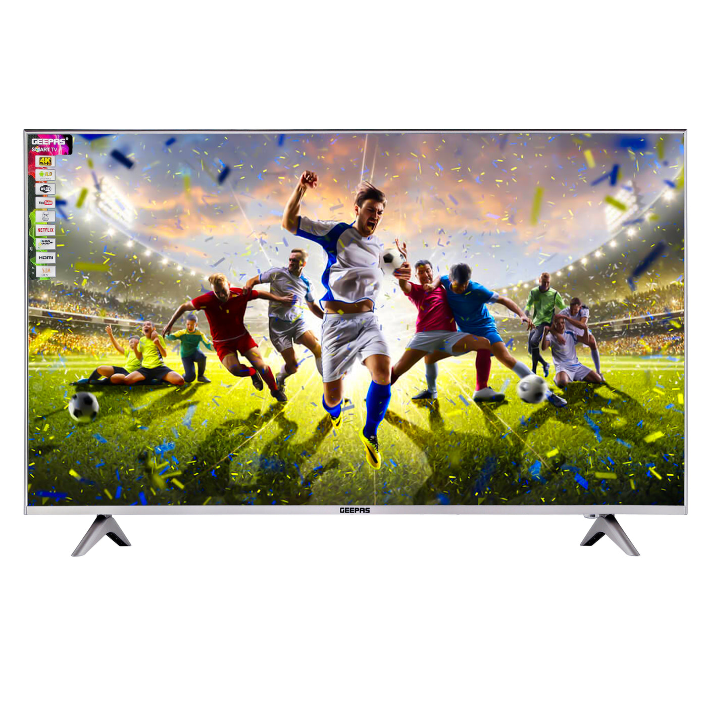 Geepas 55" Smart LED TV, TV with Remote Control GLED5508SFHD | HDMI & USB Ports, Head Phone Jack, PC Audio In | Wi-Fi, Android 9.0 with E-Share | YouTube, Netflix, Amazon Prime