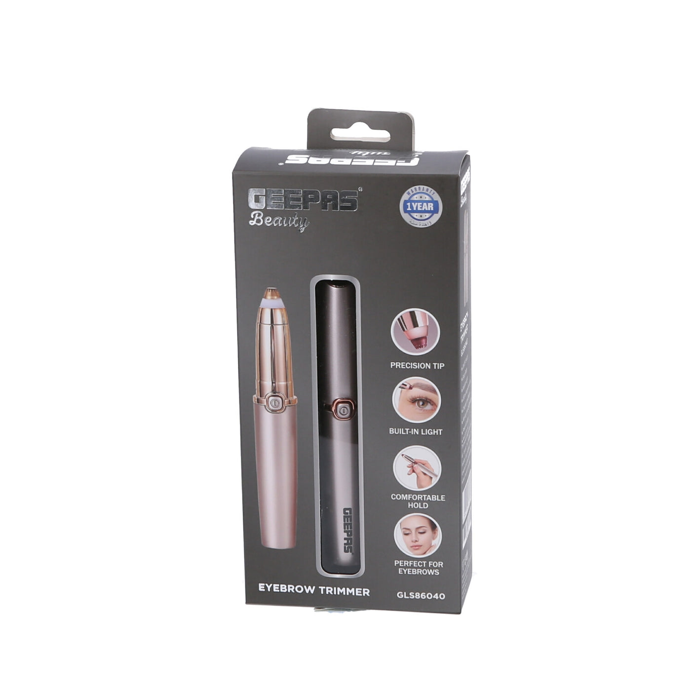 Geepas Eyebrow Trimmer- GLS86040| Ergonomic Design with Precision Tip and Comfortable Grip, Equipped with Built-In Light Indicator| Perfect for Salon and In-House Styling of Eyebrows| Rose Gold, 1-Year Warranty