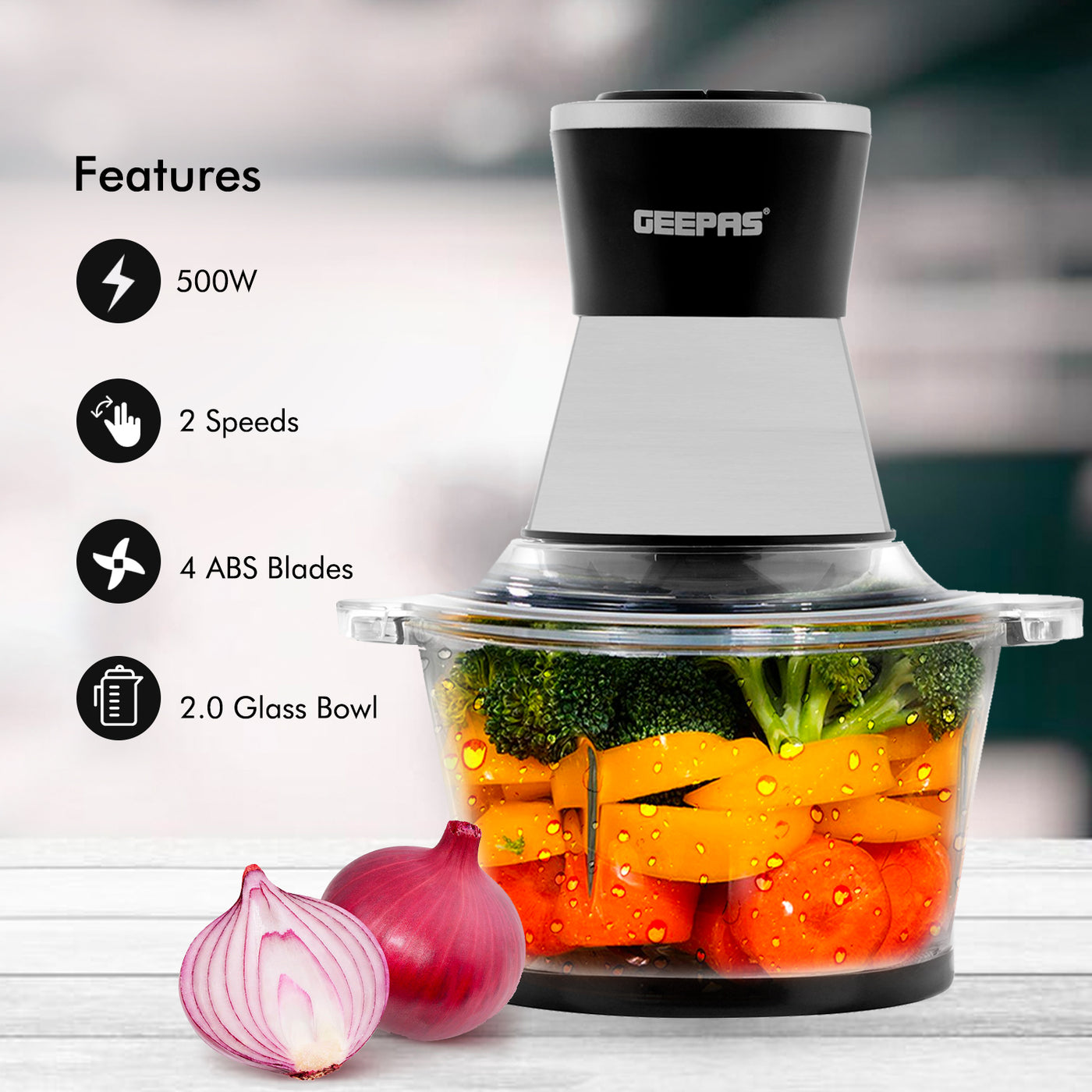 Geepas 2L Multi Copper With Garlic Peeler - 2 Speed with 4Pcs Stainless Steel Blades | Glass Bowl | 500W | Ideal for Chopping Garlic Ginger, Vegetables, Onions, Nuts & More