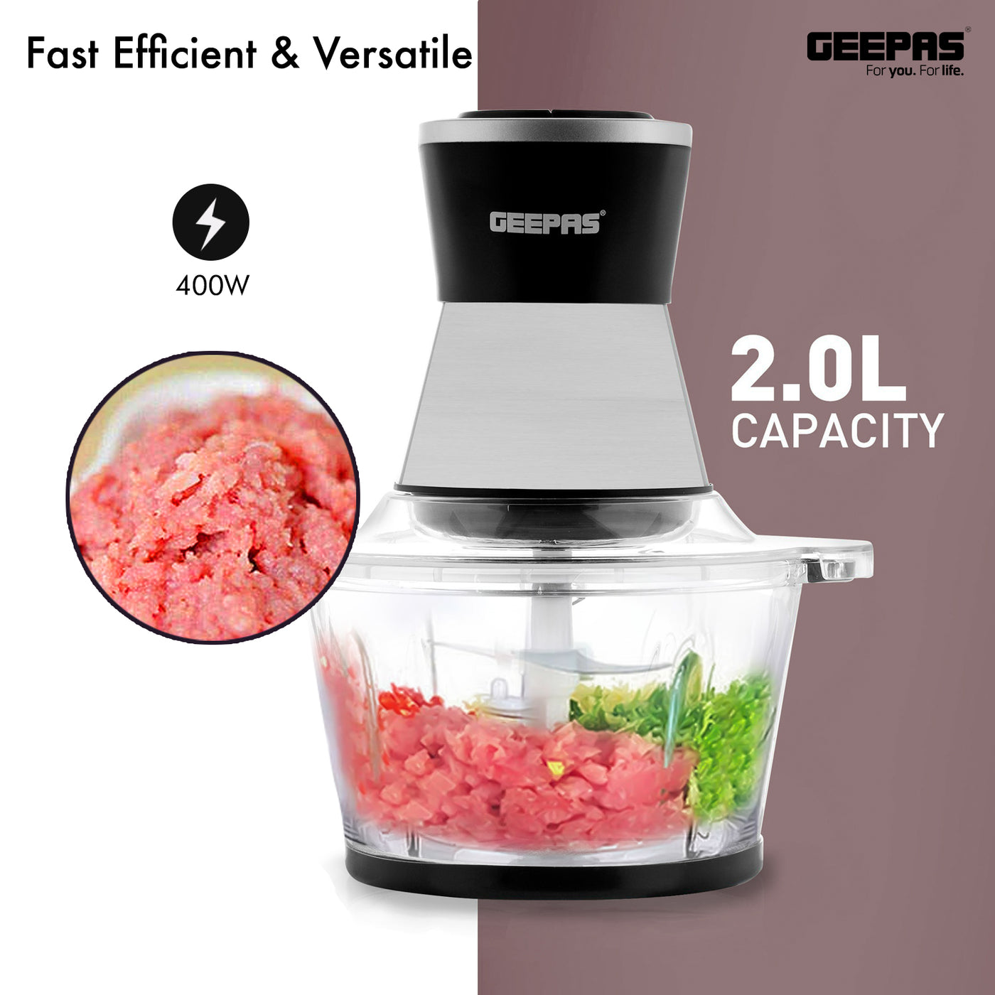 Geepas 2L Multi Copper With Garlic Peeler - 2 Speed with 4Pcs Stainless Steel Blades | Glass Bowl | 500W | Ideal for Chopping Garlic Ginger, Vegetables, Onions, Nuts & More