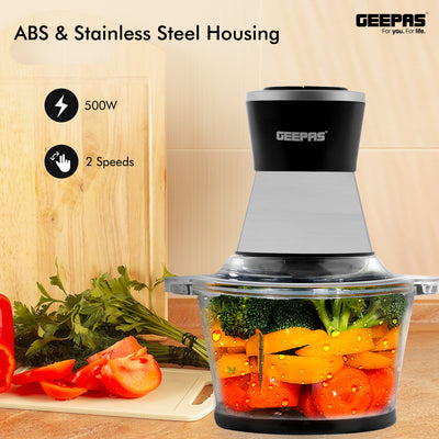 Geepas 2L Multi Copper With Garlic Peeler - 2 Speed with 4Pcs Stainless Steel Blades | Glass Bowl | 500W | Ideal for Chopping Garlic Ginger, Vegetables, Onions, Nuts & More