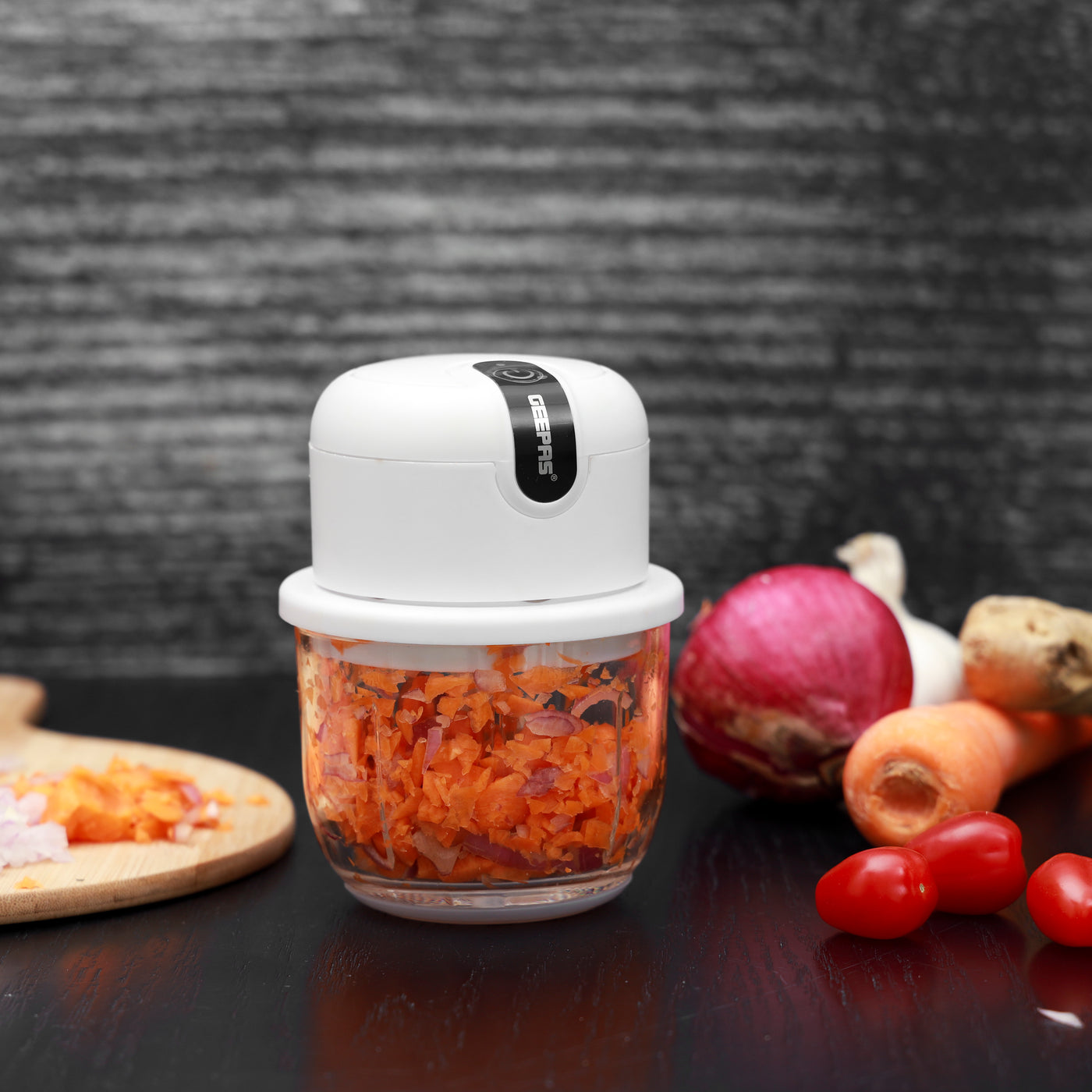 Geepas Wireless Mini Food Chopper - Portable Food Cutter Mincer for Dicing, Ginger, Chili, Fruits, Onions, Vegetable | Stainless Steel Blades, 300 ML | 2 Years Warranty