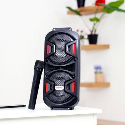 Geepas Rechargeable Portable Speaker - Portable Handle with 1500 MAH Huge Battery| TWS Connection & Compatible with BT/ USB/ AUX/ FM/ Micro SD | Ideal for Home, Hotels, Trips & Outdoor Use