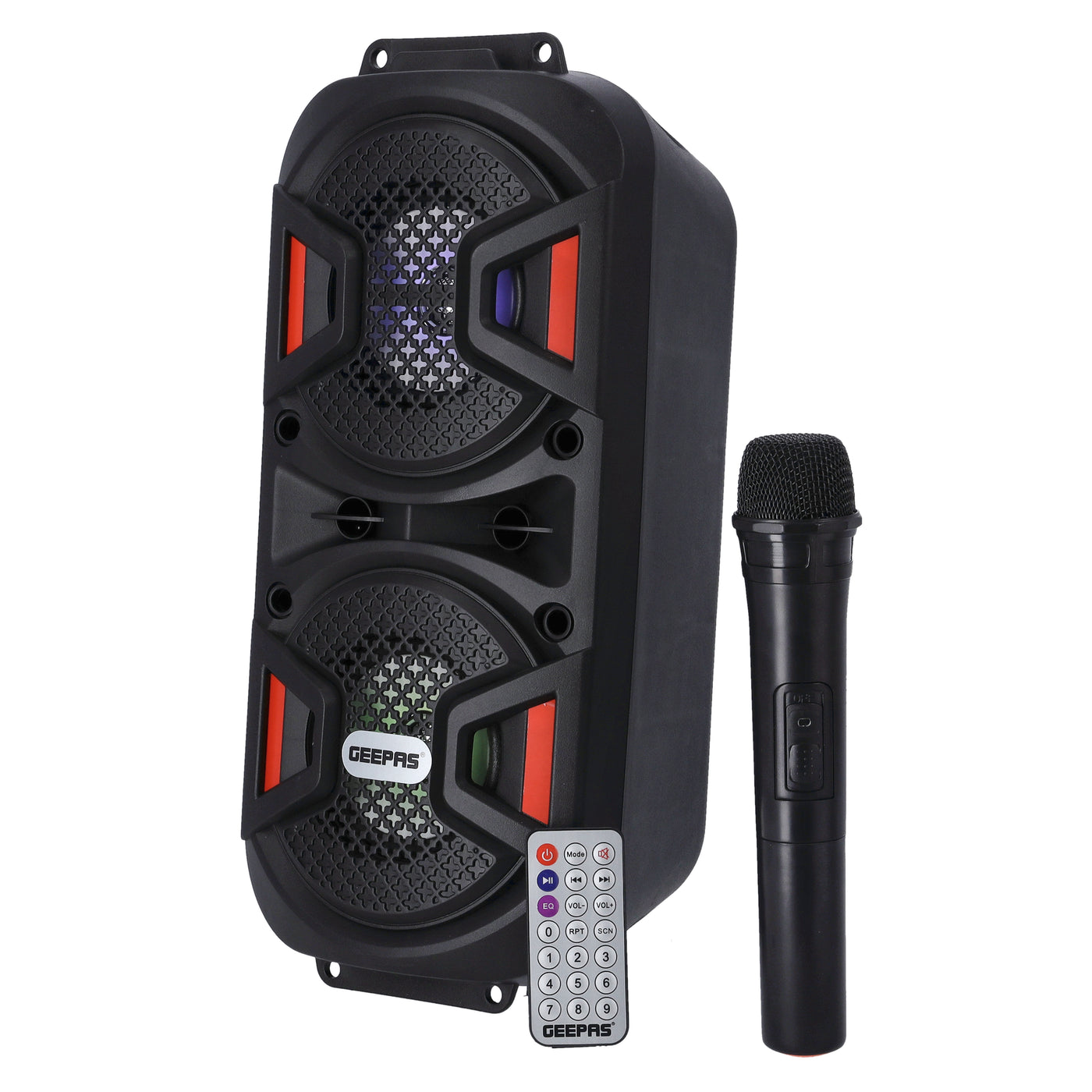 Geepas Rechargeable Portable Speaker - Portable Handle with 1500 MAH Huge Battery| TWS Connection & Compatible with BT/ USB/ AUX/ FM/ Micro SD | Ideal for Home, Hotels, Trips & Outdoor Use